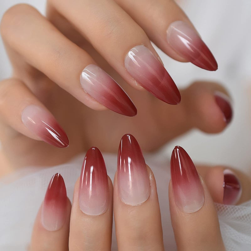 ELEVENAIL Medium Length Almond Press on False Nails Red Gradient French Fake Nails Salon Manicure Reusable Nails Art Tips DIY at home